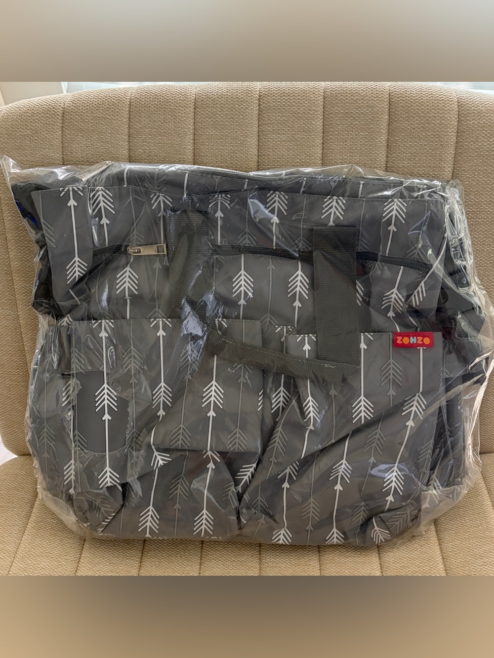 Grey Arrow-Print Diaper Bag with Changing Pad